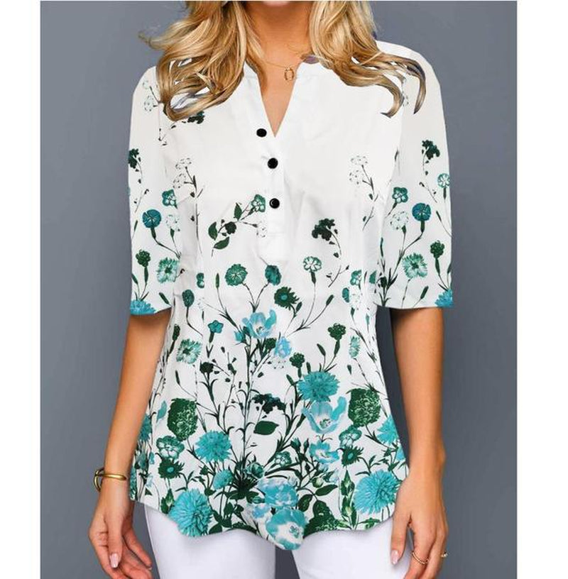 قميص بلوزة موضة حجم كبير بلايز نسائية عادية برقبة على شكل V قميص تونك نسائي فضفاض مطبوع بالزهور