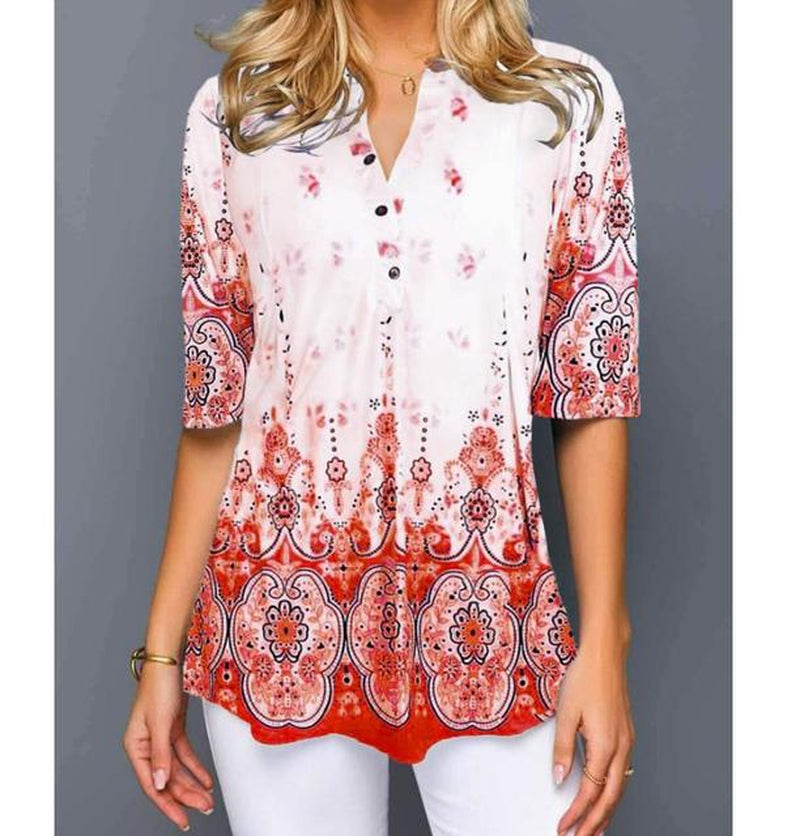 قميص بلوزة موضة حجم كبير بلايز نسائية عادية برقبة على شكل V قميص تونك نسائي فضفاض مطبوع بالزهور