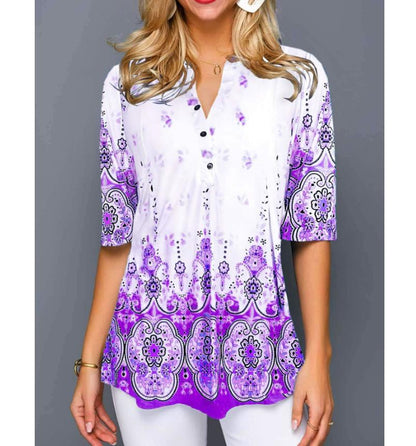 قميص بلوزة موضة حجم كبير بلايز نسائية عادية برقبة على شكل V قميص تونك نسائي فضفاض مطبوع بالزهور